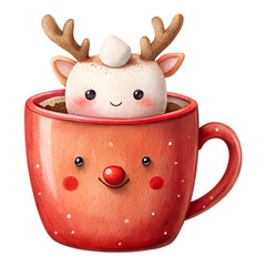 Cartoon reindeer marshmallow in a mug isolated on transparent background