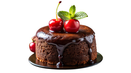 Delicious chocolate lava cake with cherries and mint isolated on transparent background