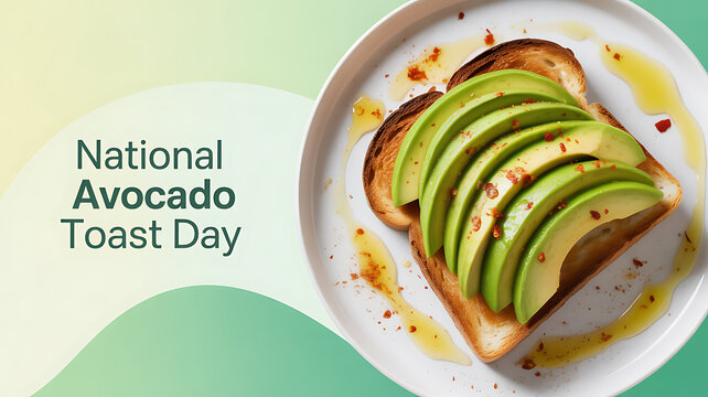 National Avocado Toast Day celebration featuring a plate of avocado toast with sliced avocado, olive oil, and spices on toasted bread.