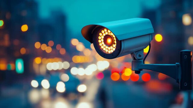 CCTV camera glowing in the light of modern city streets, symbolizing safety, vigilance, and digital connectivity, reflecting the intersection of surveillance technology and urban architecture at night
