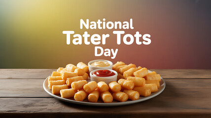 A plate of golden tater tots served with ketchup and mustard on a wooden table, celebrating National Tater Tots Day.