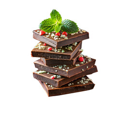 Delicious dark chocolate squares isolated on transparent background with fresh mint