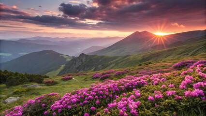 Majestic mountain range at sunset with vibrant rhododendron flowers in the foreground, creating a stunning and colorful alpine landscape