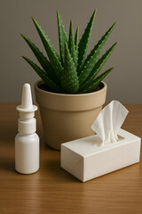 Nasal spray, paper napkins and aloe in a beige  pot   on the table
