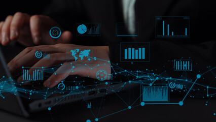 A professional setting featuring hands typing on a laptop, surrounded by visual representations of...