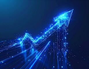 A luminous blue digital arrow ascends against a dark background, symbolizing financial growth, technological advancement, and future business success