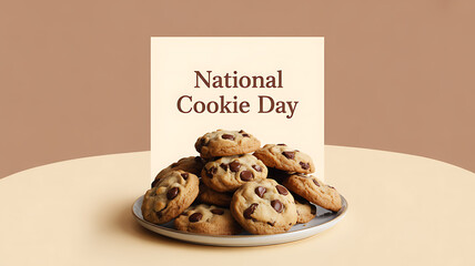 A plate of chocolate chip cookies displayed in front of a sign reading 'National Cookie Day'