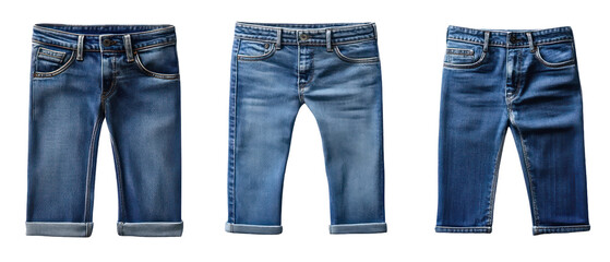 Blue Denim Jeans Displayed With Rolled Cuffs on Transparent Background