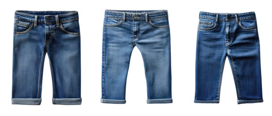 Blue Denim Jeans Displayed With Rolled Cuffs on Transparent Background