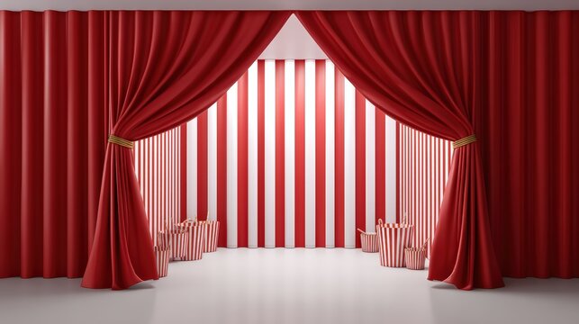 Circus tent interior filled with red and white stripes, juggling clubs, and clown noses
