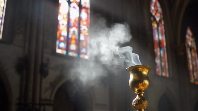 Golden censer releasing incense smoke &ndash; symbolic footage of spirituality, ritual, and sacred reflection