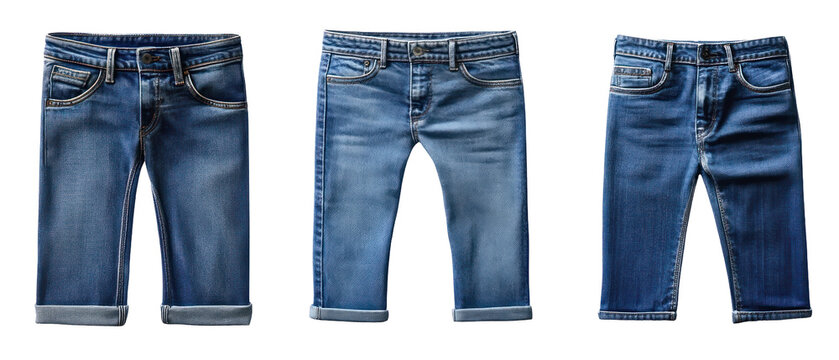 Blue Denim Jeans Displayed With Rolled Cuffs on Transparent Background