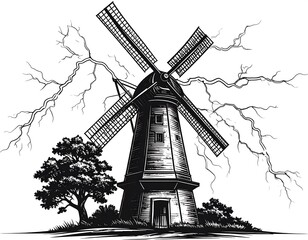 A black and white illustration of a windmill with lightning and nearby trees