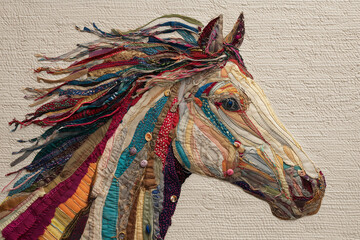 A textile applique of a horse's head made from multi-colored fabric scraps and buttons
