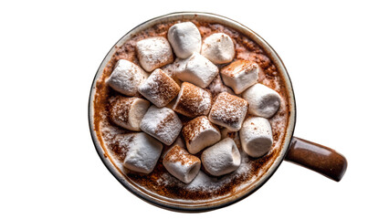 Overhead view of hot chocolate with marshmallows isolated on transparent background