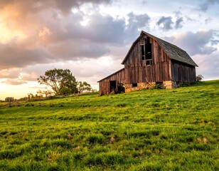 Obraz premium Weathered wooden structure sits upon a grassy hill, bathed in warm light as the sun sets behind a cloudy sky. Trees are in the background