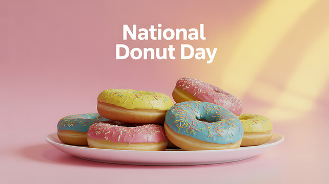 Colorful donuts arranged on a plate celebrating National Donut Day