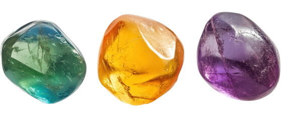 Three Polished Gemstones with Varied Color and Sparkle on Transparent Background