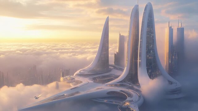 Smooth futuristic megastructures rising above clouds in warm light, symbolizing modern innovation, architecture, and utopian design blending technology, art, and imagination building city in clouds