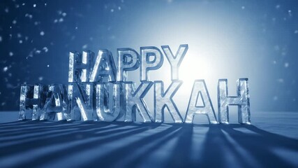 Happy Hanukkah message in ice letters with snowfall. Celebrate Jewish holiday Hanukkah with bright, glittering text. Perfect for winter holiday greetings and promotions. - Powered by Adobe