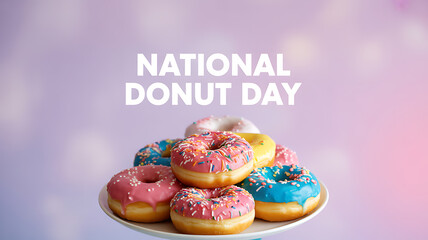 Colorful donuts displayed on a plate with 'National Donut Day' text against a soft pastel background