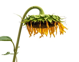 Obraz premium A drooping sunflower head with its yellow petals fading against a pure white background