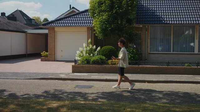 Young man walking with phone along quiet residential street, measured stride past hedges and garage doors, soft sunlight and long shadows create mellow summer mood, lifestyle broll