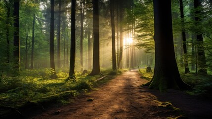 Obraz premium Sunlight breaks through the forest canopy, illuminating a path with golden rays in a serene woodland setting during early morning