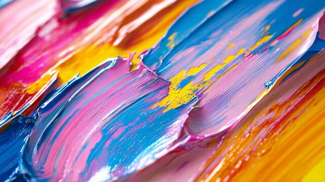 Colorful thick paint strokes in vibrant pink, blue, and yellow tones create a textured abstract background symbolizing creativity, motion, and the expressive energy of modern artistic design painting