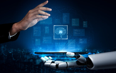 AI brain processes big data with generative AI, LLMs, and machine learning to support business...