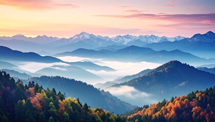 Fototapeta premium Misty mountain range at sunrise, autumn foliage