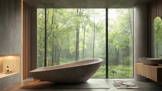 A minimalist interior with a stone bathtub illuminated by soft natural light symbolizes modern architecture, relaxation, and harmony between design, nature, and peaceful living atmosphere meditation
