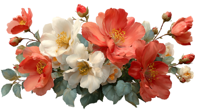Elegant floral arrangement with coral and white flowers, perfect for invitations, weddings, and spring celebrations with soft, romantic touch and design elements isolated on transparent white backgrou - Powered by Adobe