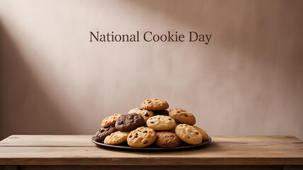 A plate of assorted cookies displayed on a wooden table with 'National Cookie Day' text above, celebrating the holiday.