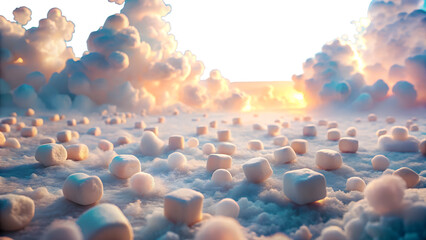 Surreal marshmallow landscape with clouds and sky at sunset isolated on transparent background