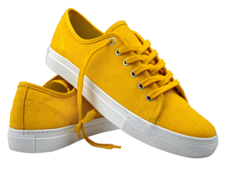 Yellow canvas sneakers isolated on transparent background, casual fashion footwear, trendy lace-up shoes, stylish unisex trainers for apparel, branding, and e-commerce display