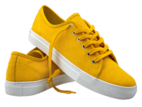 Yellow canvas sneakers isolated on transparent background, casual fashion footwear, trendy lace-up shoes, stylish unisex trainers for apparel, branding, and e-commerce display