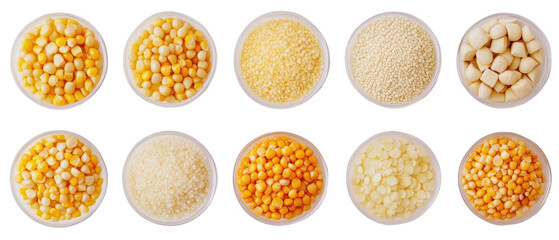 Overhead View of Various Grain Types in White Bowls Against Transparent Background