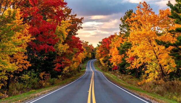 Autumn road winding through colorful forest