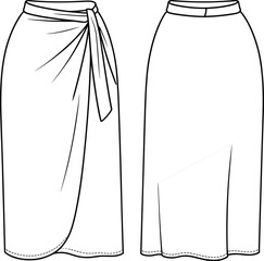 Vector CAD drawing of wrap and asymmetrical skirts with belt tie, seam detail, and layered hem for fashion design illustration