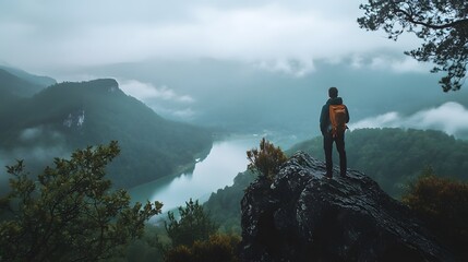 A lone hiker stands on a rocky peak overlooking a misty valley and lake, capturing the beauty of nature.