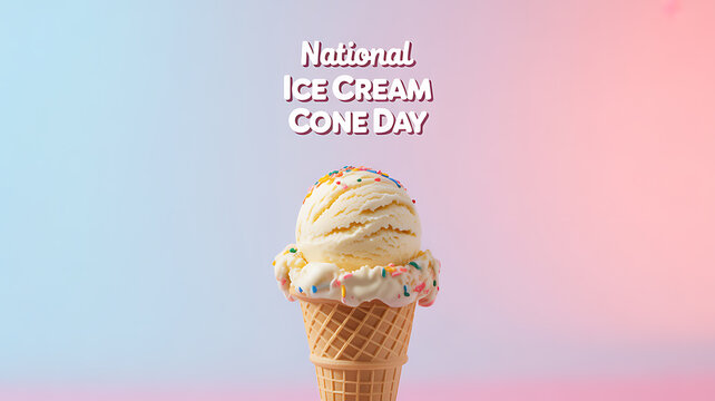 National Ice Cream Cone Day celebration featuring a vanilla ice cream cone with colorful sprinkles against a soft gradient background