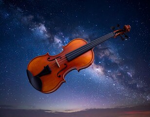 Fototapeta premium A classical violin levitates against the backdrop of a vibrant, star-filled night sky