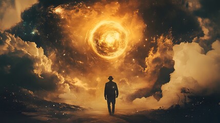 Obraz premium A lone man in a fedora stands in awe of a fiery celestial orb, surrounded by swirling clouds and a starry sky.