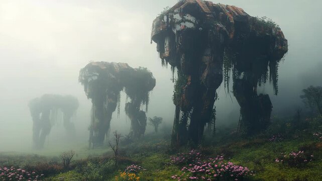 A misty green field filled with flowers surrounds fallen colossal metallic ruins under pale morning light, symbolizing mystery, forgotten civilizations, and the harmony between nature, decay and time.