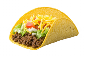 Crispy taco filled with seasoned meat lettuce tomato cheese isolated on a transparent background