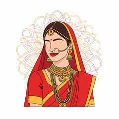 Illustration of a beautiful Indian woman in traditional red attire and gold jewelry with a subtle mandala background.