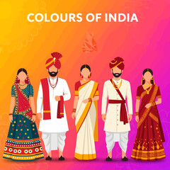 Illustration of people in traditional Indian clothing with the text "Colours of India".