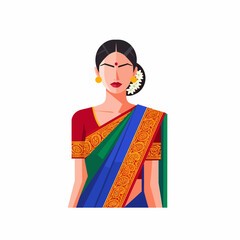 Vector illustration of a beautiful Indian woman in a traditional colorful saree with a bindi.