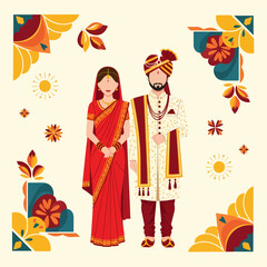 A traditional Indian bride and groom dressed in festive attire, adorned with cultural symbols.